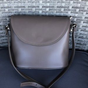 Italian leather crossbody bag dark taupe, adjustable strap, silver hardware.